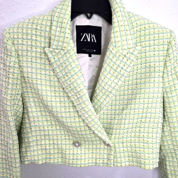 Zara Womens Green Textured Tweed Cropped Jacket Size XS. - Picture 3 of 9
